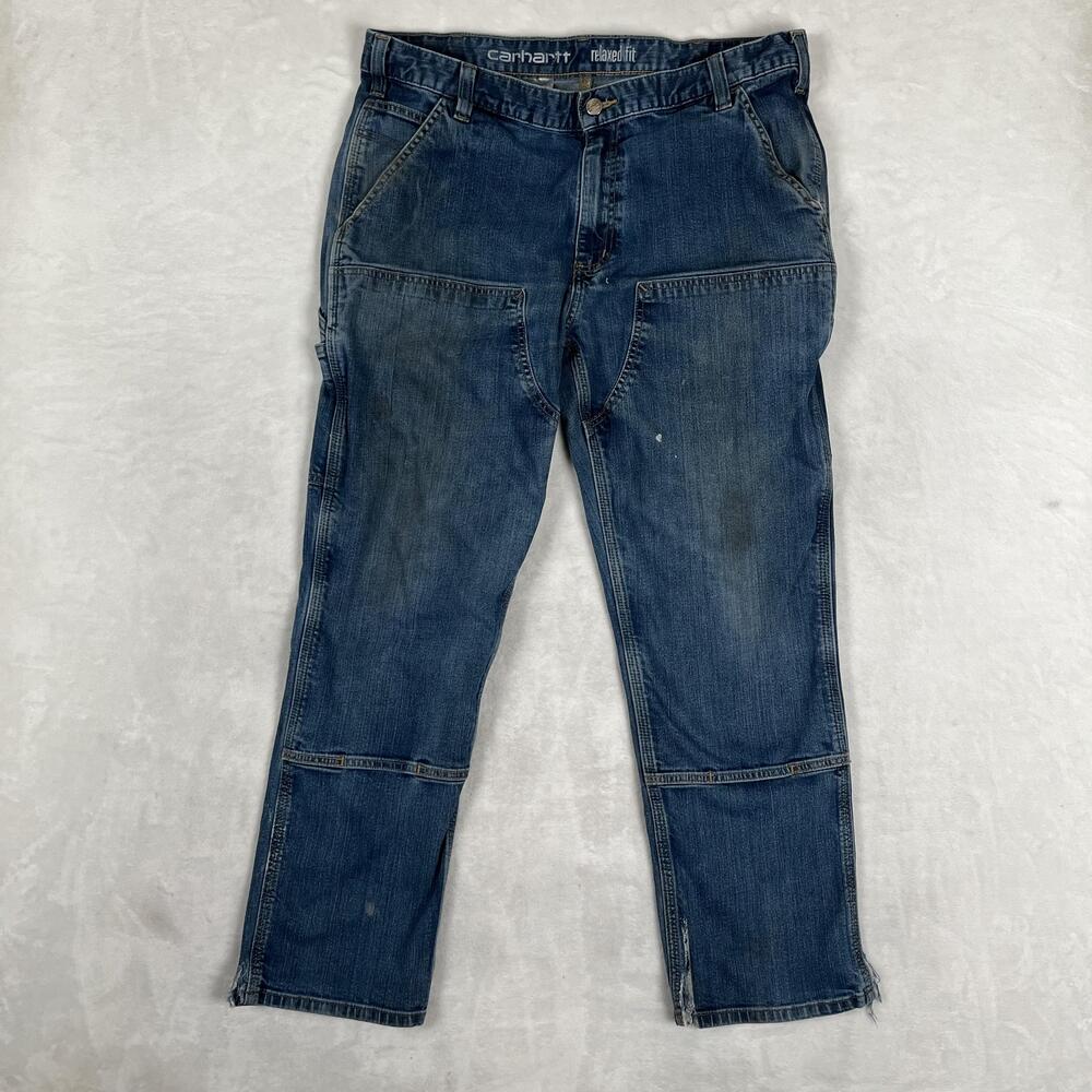 Carhartt Double Knee Jeans Mens 38x30 Blue Relax Straight Distressed Work Denim
